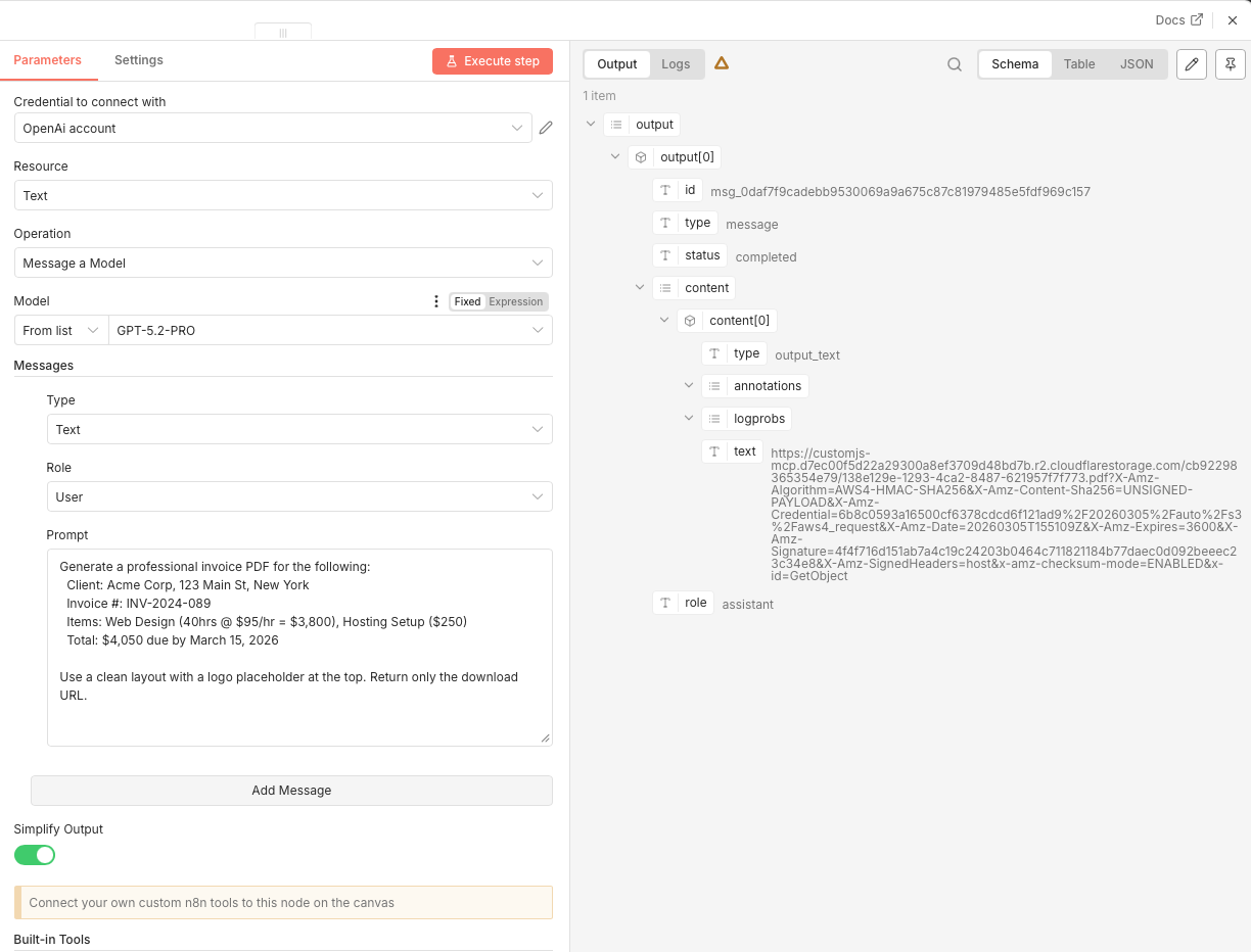 n8n Output with Generated PDF URL